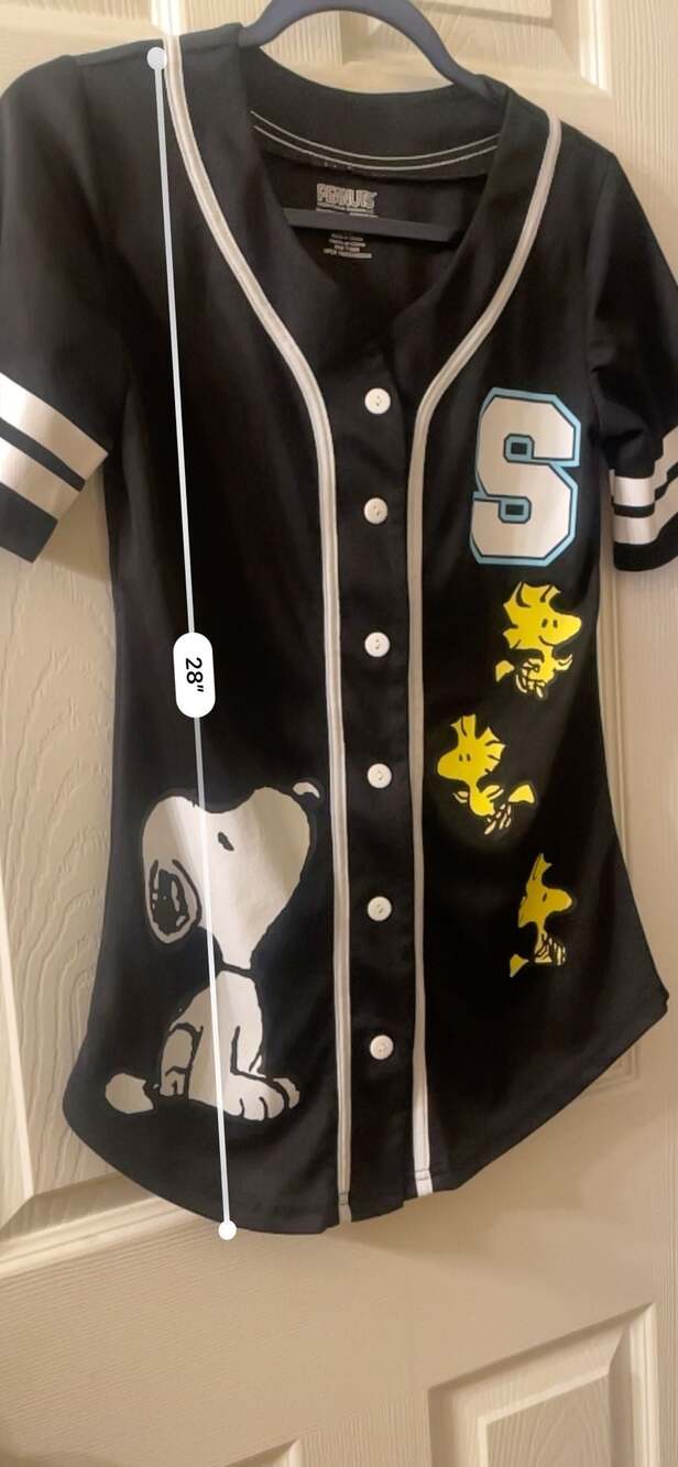 Peanuts Snoopy and Woodstock Women's Black Baseball Jersey - Picture 3 of 5